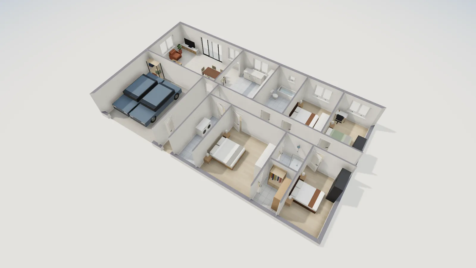 3D cutaway of the Australian four-bedroom house showing the double garage with two cars, the family room and kitchen joined by a wide opening, the bathroom, laundry and the furnished bedrooms.