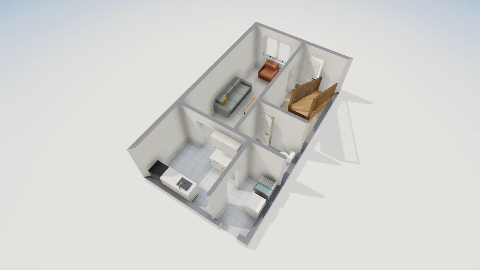 Vista 3D em corte do térreo do sobrado, com o sofá na sala, a escada de madeira no hall, o lavabo e a cozinha planejada.