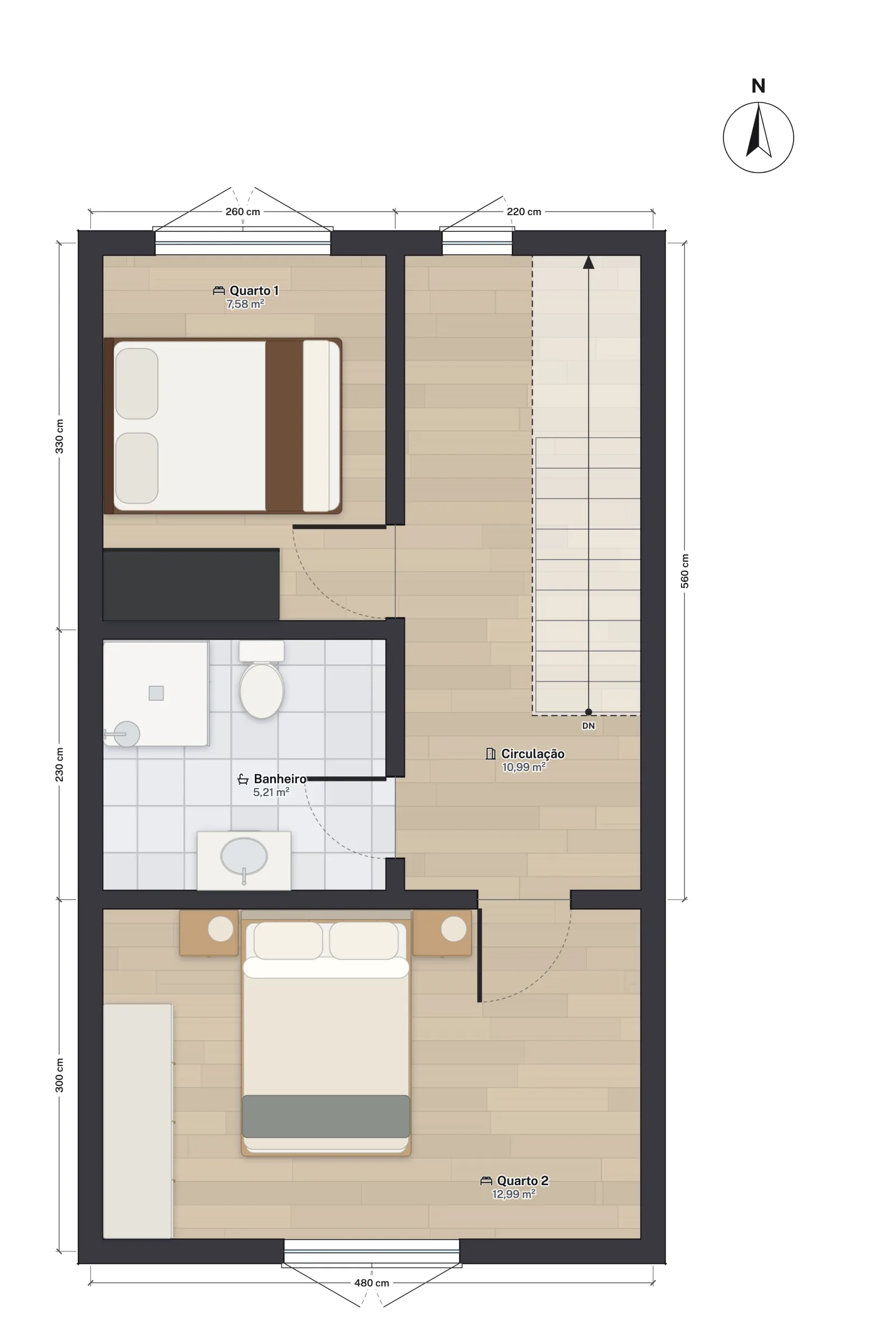 Upper floor plan of the São Paulo sobrado: quarto 1 and the bathroom with a shower beside the landing, and the larger quarto 2 across the back.