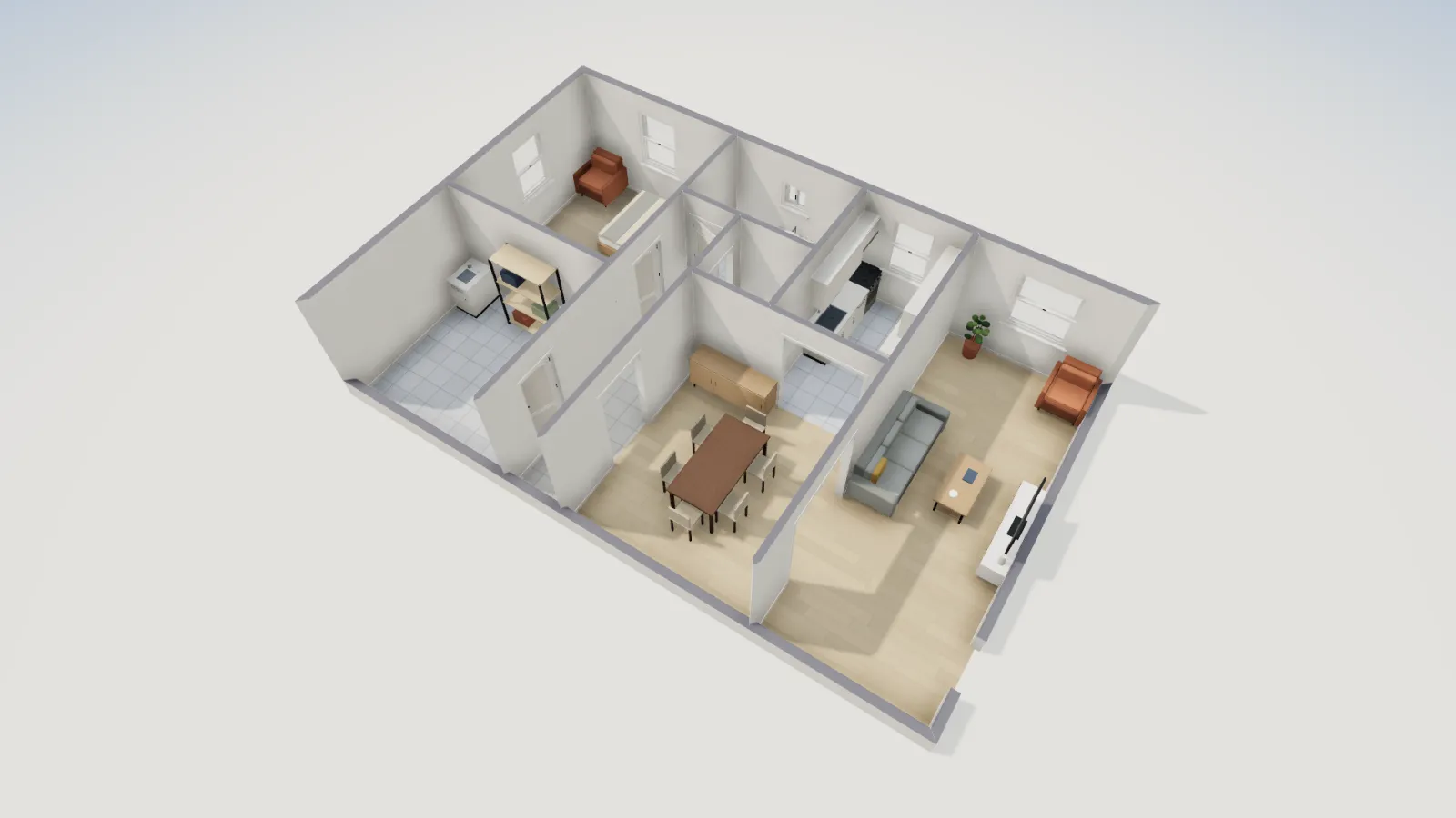 3D cutaway of the furnished basement suite showing the bed, tub, washer and dryer, kitchen run, dining table and living room.
