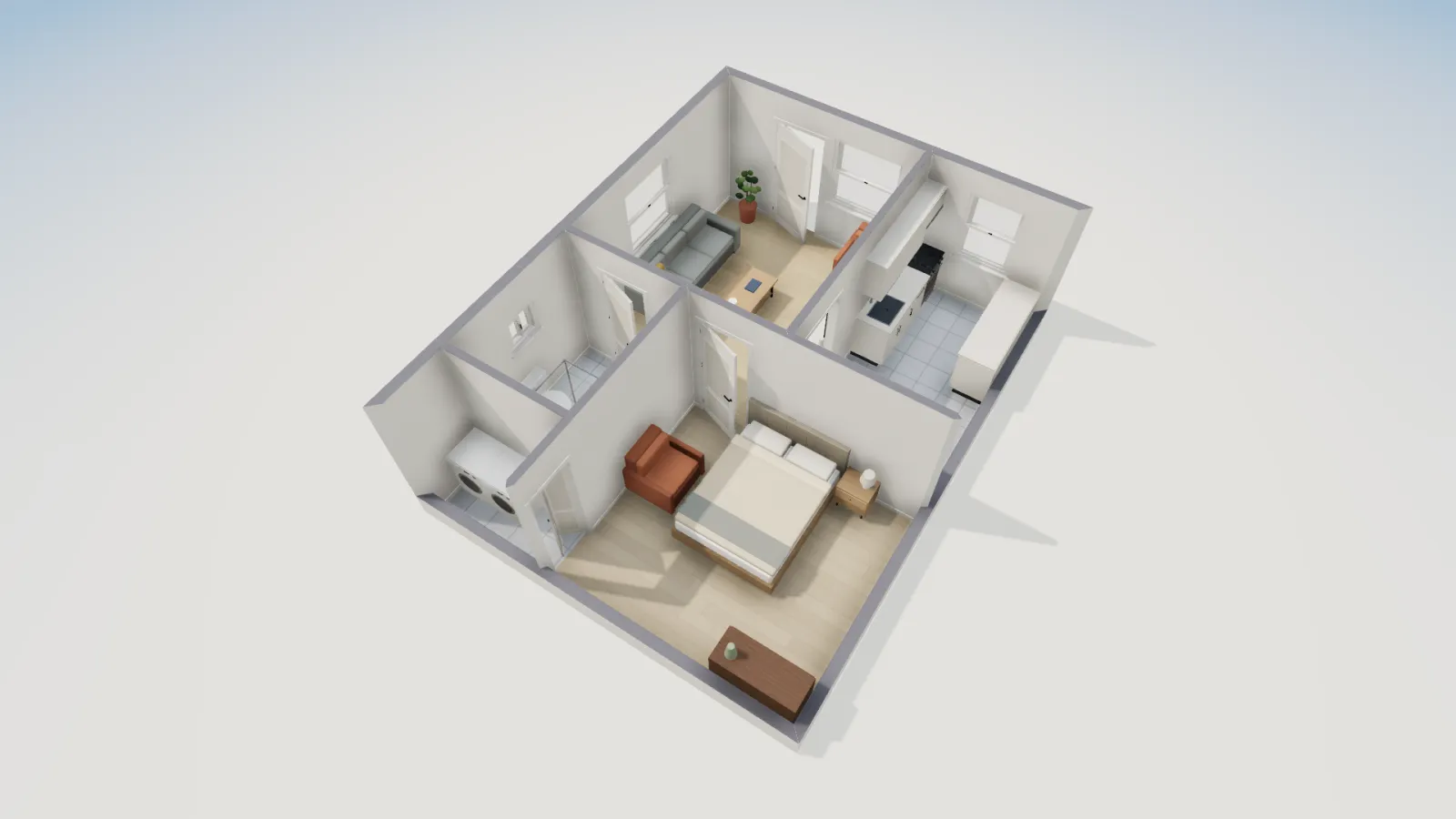 3D view of the furnished garden suite with sofa and TV, galley kitchen, bedroom and a shower bath.