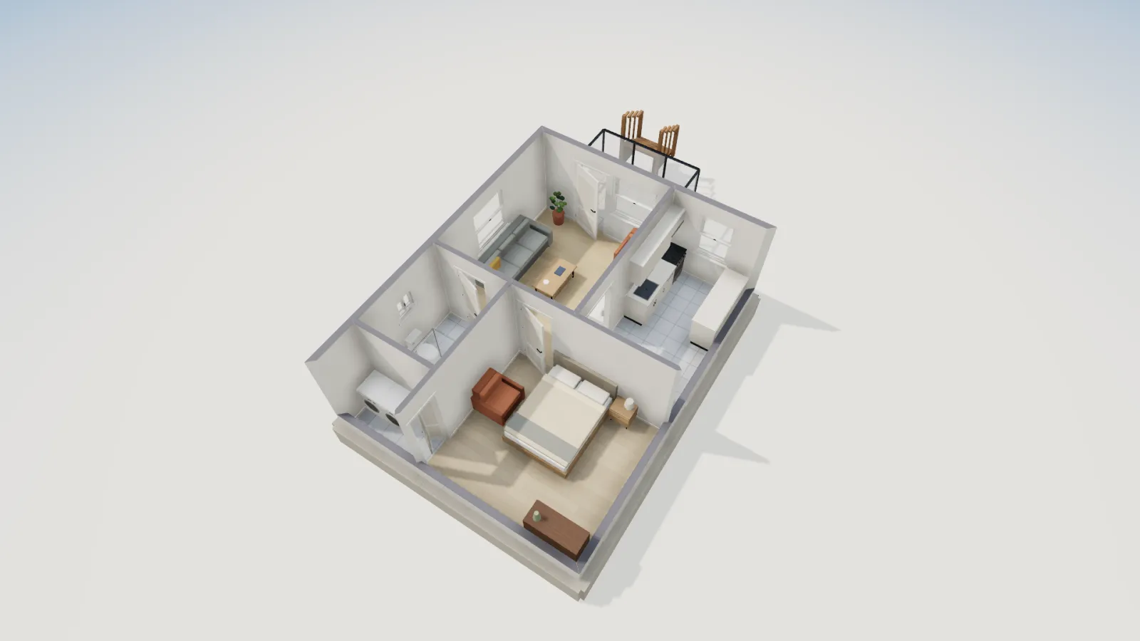 Cutaway 3D view of the garden suite from above, with the deck and its black railing along the far front wall of the living room and kitchen.