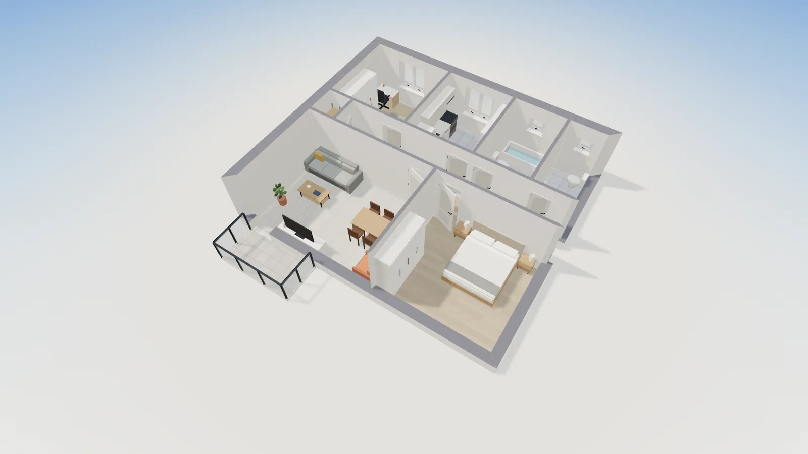 3D-Ansicht der 3-Zimmer-Wohnung mit möbliertem Wohnzimmer, Balkon mit Glasgeländer, Schlafzimmer mit Doppelbett, Küche, Bad und Kinderzimmer.