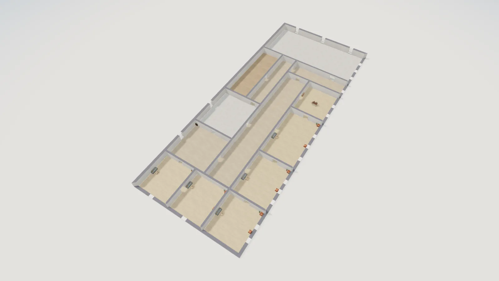 Three-dimensional view of the Buckingham Palace State Rooms recreation, showing the Ballroom, the long Picture Gallery, and the row of drawing rooms along the garden front.