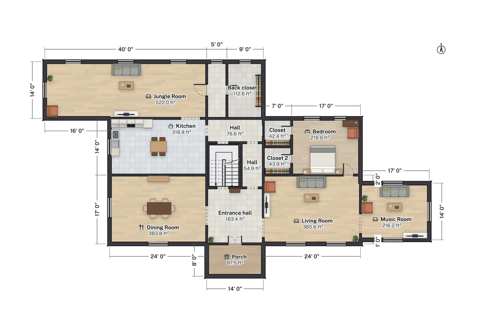 Floor plan of Graceland’s main floor: a central entrance hall and stair, the living room and music room to the right, the dining room and kitchen to the left, and the long Jungle Room across the back left.
