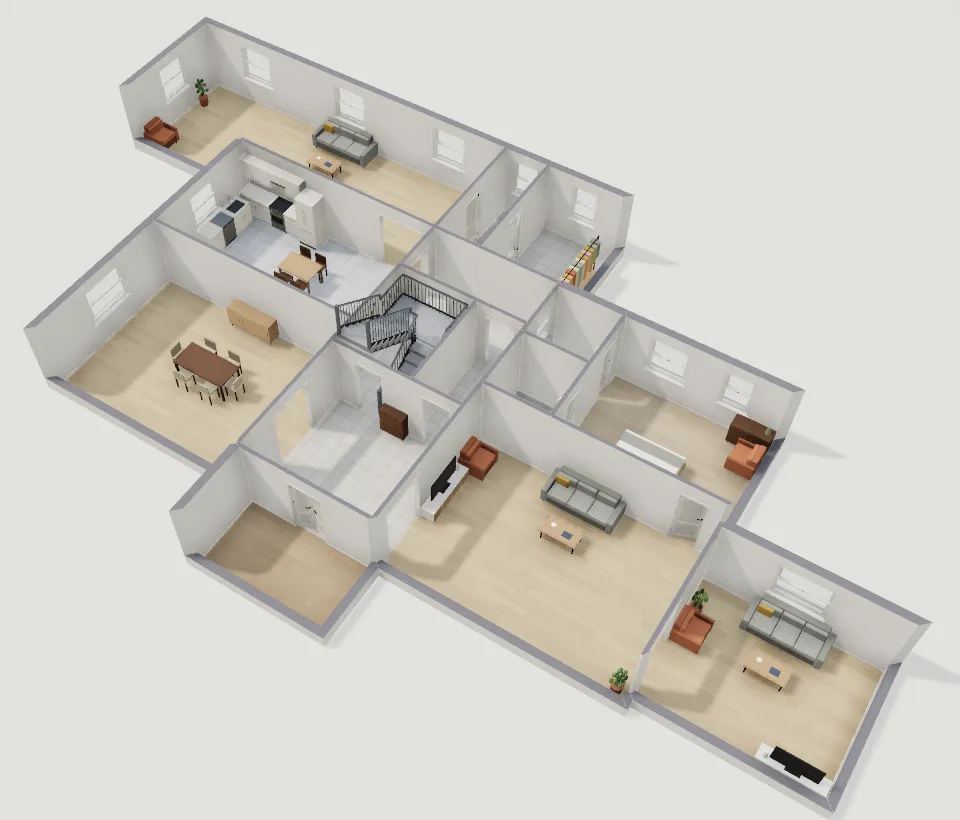 3D cutaway of the Graceland recreation showing the furnished main floor: the long Jungle Room at the back, the kitchen, the stair in the central hall, and the dining, living and music rooms.