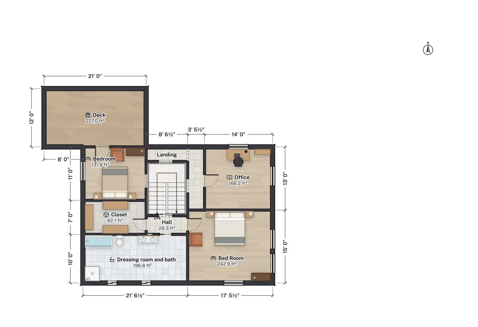 Floor plan of Graceland’s upper floor: a deck, a bedroom and closet at the left, the stair in the middle, an office at the top right, a large bedroom at the bottom right and a dressing room and bath at the bottom left.