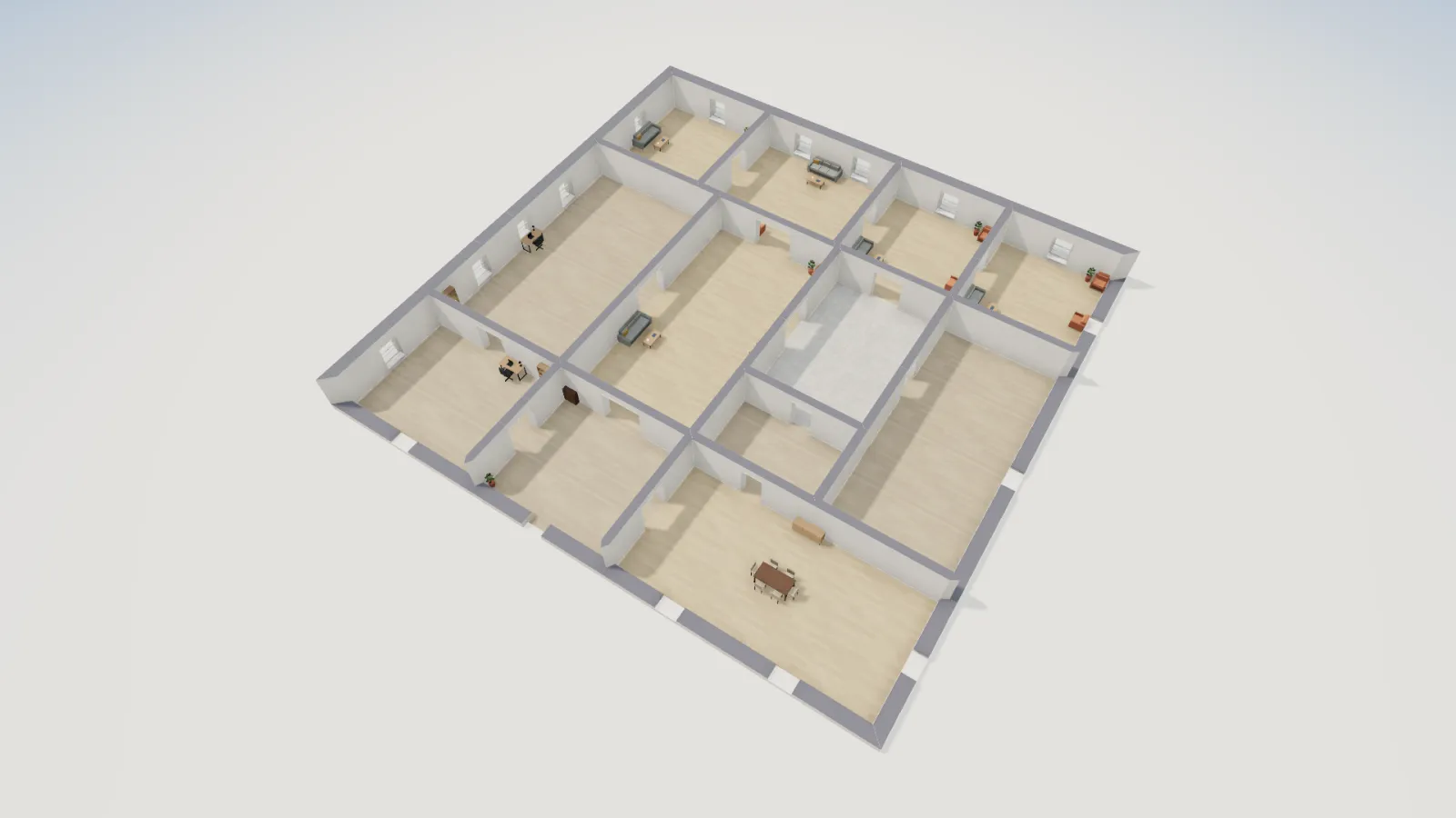 Three-dimensional cutaway of the Highclere Castle ground floor recreation, showing the long Library and Saloon in the middle, the row of reception rooms along the back and the Dining Room at the front.