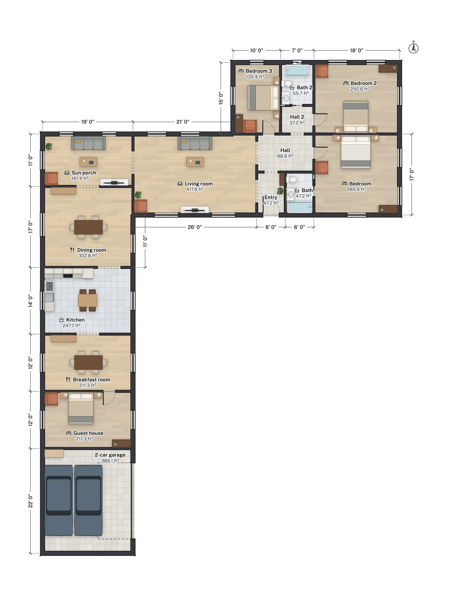 Floor plan of an L-shaped one-story Spanish Colonial house: a long left wing with a sun porch, dining room, kitchen, breakfast room, guest house and two-car garage, and a wing across the top with a living room, entry, hall, baths and three bedrooms.