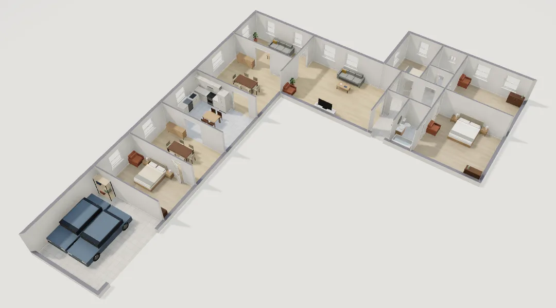 3D view of the L-shaped Monroe house recreation, showing the furnished living room, bedrooms, kitchen, guest house and garage.