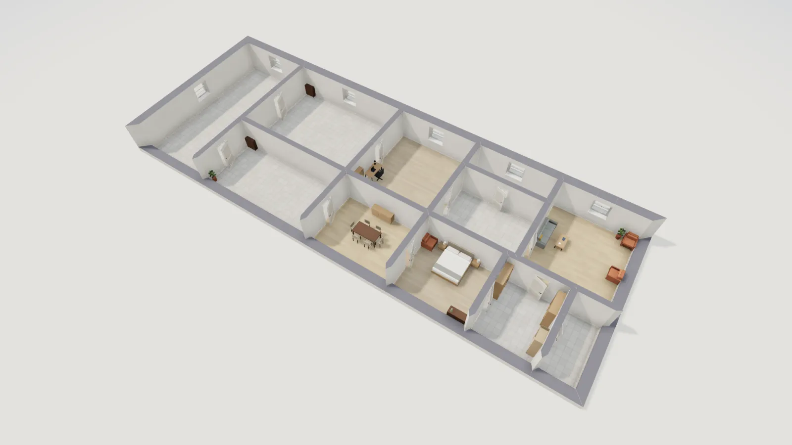 Three-dimensional cutaway of the Neuschwanstein king's apartment recreation, showing a row of furnished rooms behind thick masonry walls: dining room, bedroom, dressing room, salon and study