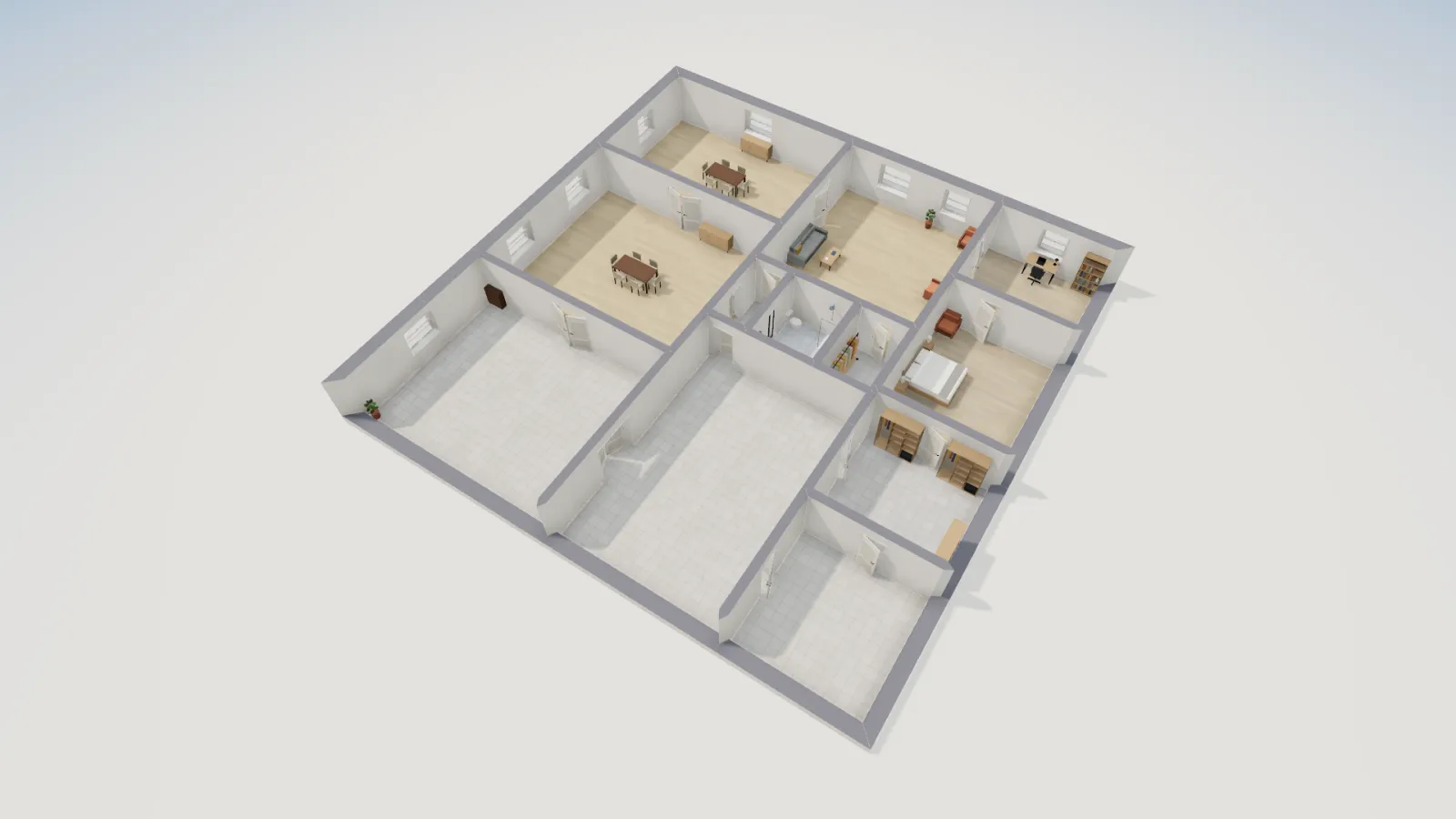 Three-dimensional cutaway of the Petit Trianon first floor recreation, with the two dining rooms and the antechamber on one side, the salon and the stair hall in the middle and the queen's bedchamber and boudoir on the other