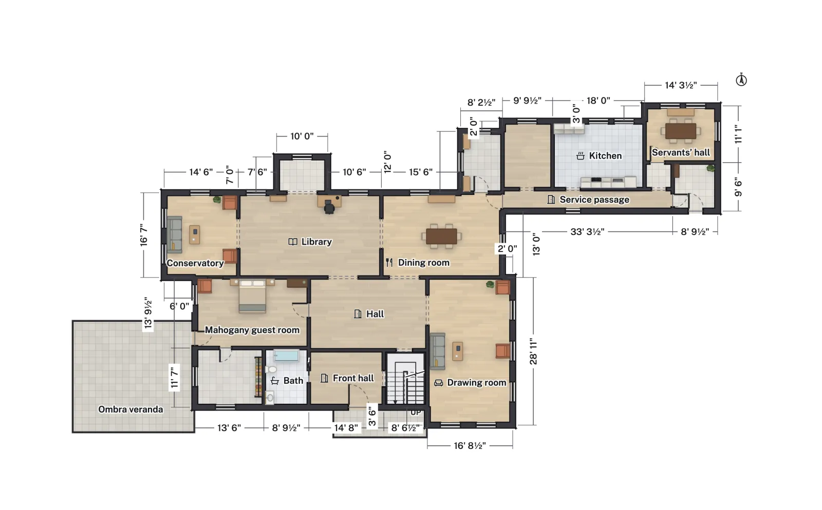 Floor plan of the Mark Twain House first floor: a central hall with the drawing room to its east, a library, conservatory and dining room along the north, a guest room and bath to the west, and a long service passage leading to the kitchen wing at the north-east.