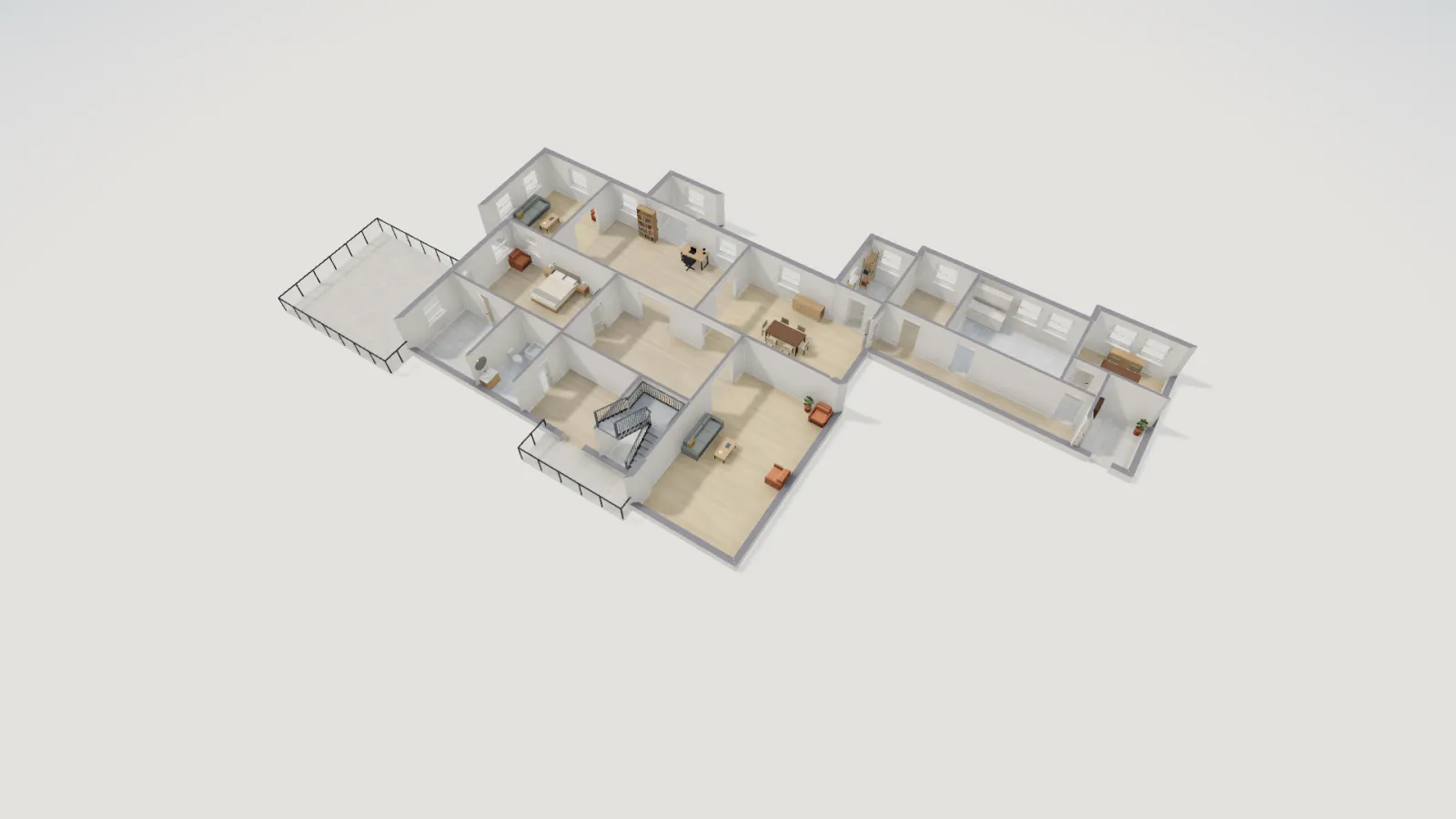 3D view of the recreated Mark Twain House first floor from above, showing the furnished drawing room, hall, library, dining room and kitchen wing with the Ombra veranda on the west side.