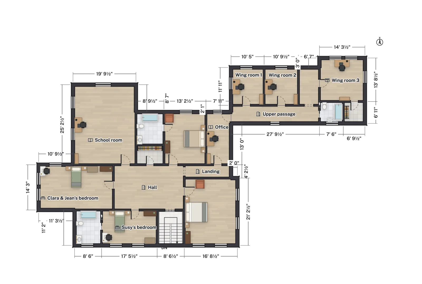 Floor plan of the Mark Twain House second floor: an upstairs hall with bedrooms for the Clemens parents, Susy, and Clara and Jean around it, a schoolroom to the north, guest rooms and baths, and a service wing with small rooms to the north-east.