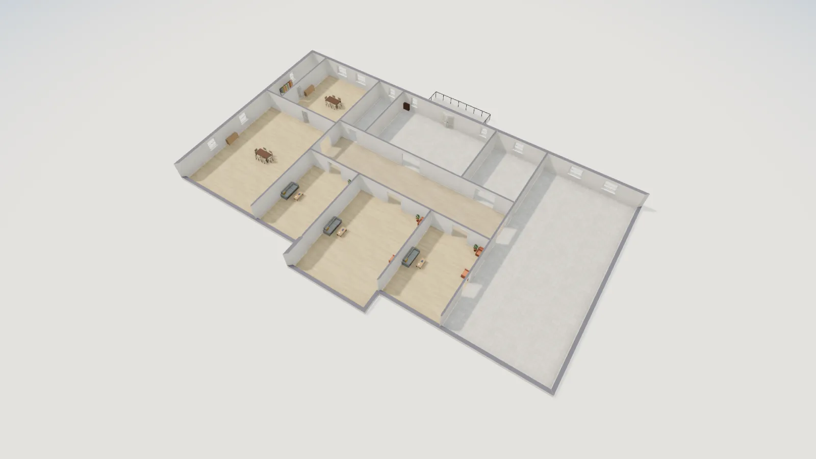 3D view of the recreated White House State Floor from above: the long East Room on the right, the three parlors in a row, the State Dining Room on the left and the Cross Hall running behind them.