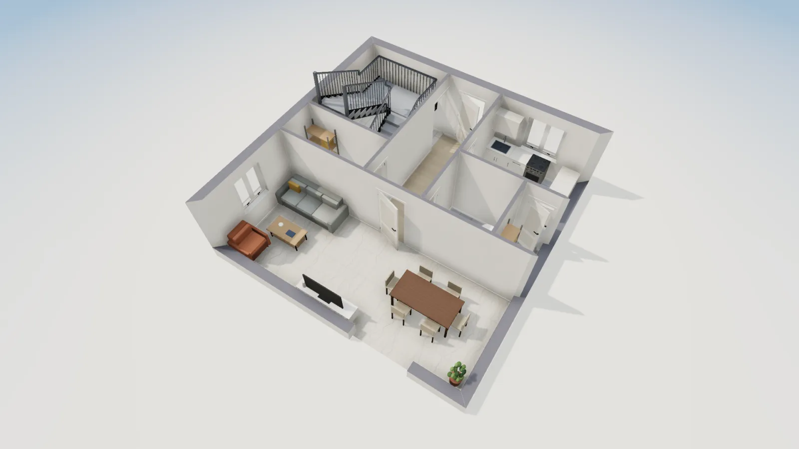 Vue 3D en coupe du rez-de-chaussée de la maison : séjour meublé, cuisine, WC et cellier autour de la cage d’escalier à deux volées.
