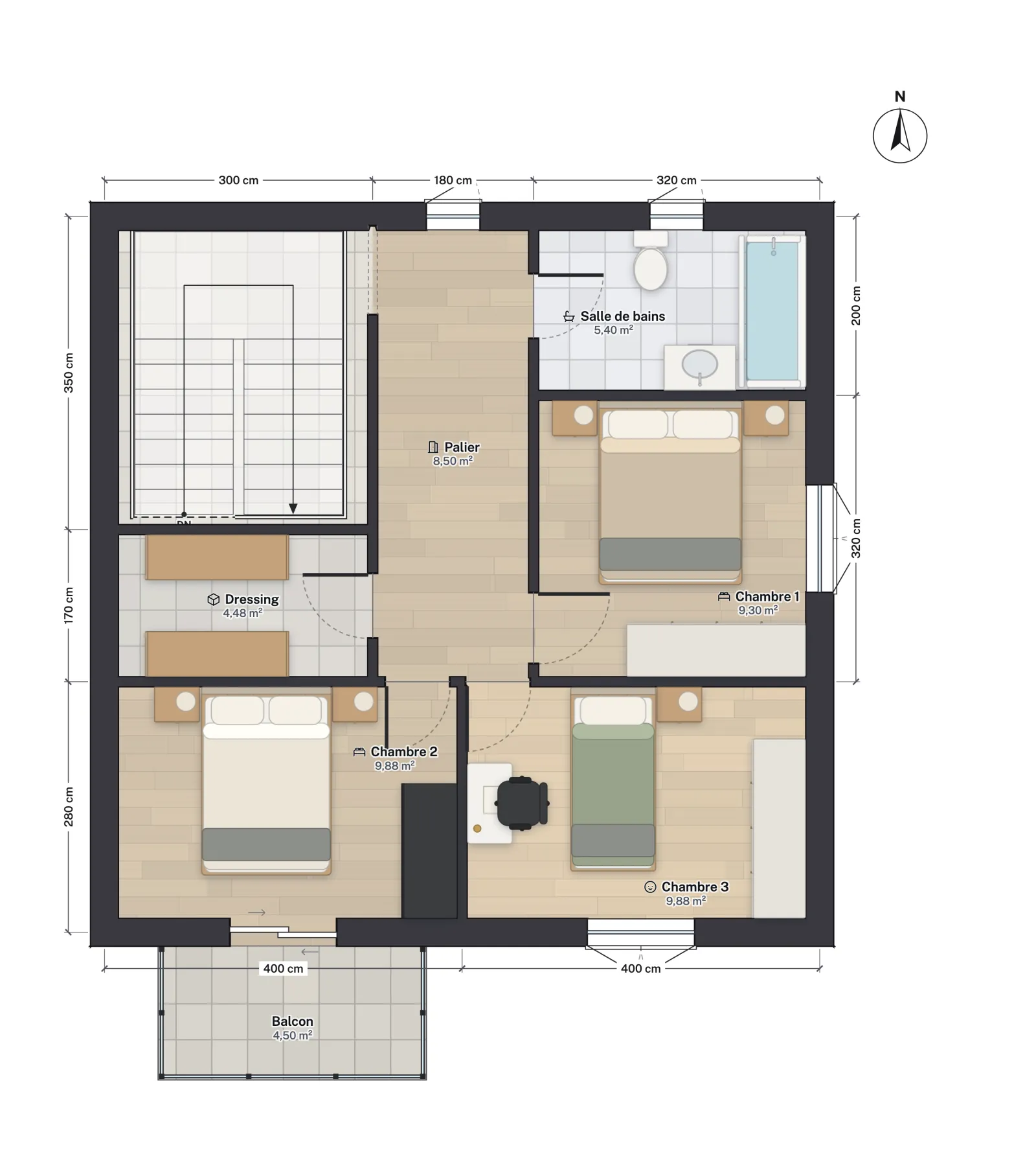 Plan de l’étage de la maison : cage d’escalier, dressing, palier, salle de bains et trois chambres, avec un balcon devant la chambre 2 au sud.