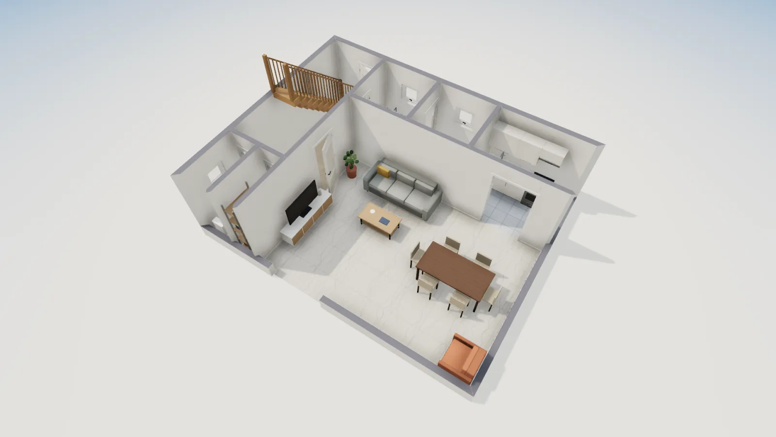 2階建て3LDKの3Dビュー。家具を配置した各部屋と、玄関ホール脇の直階段が見える。