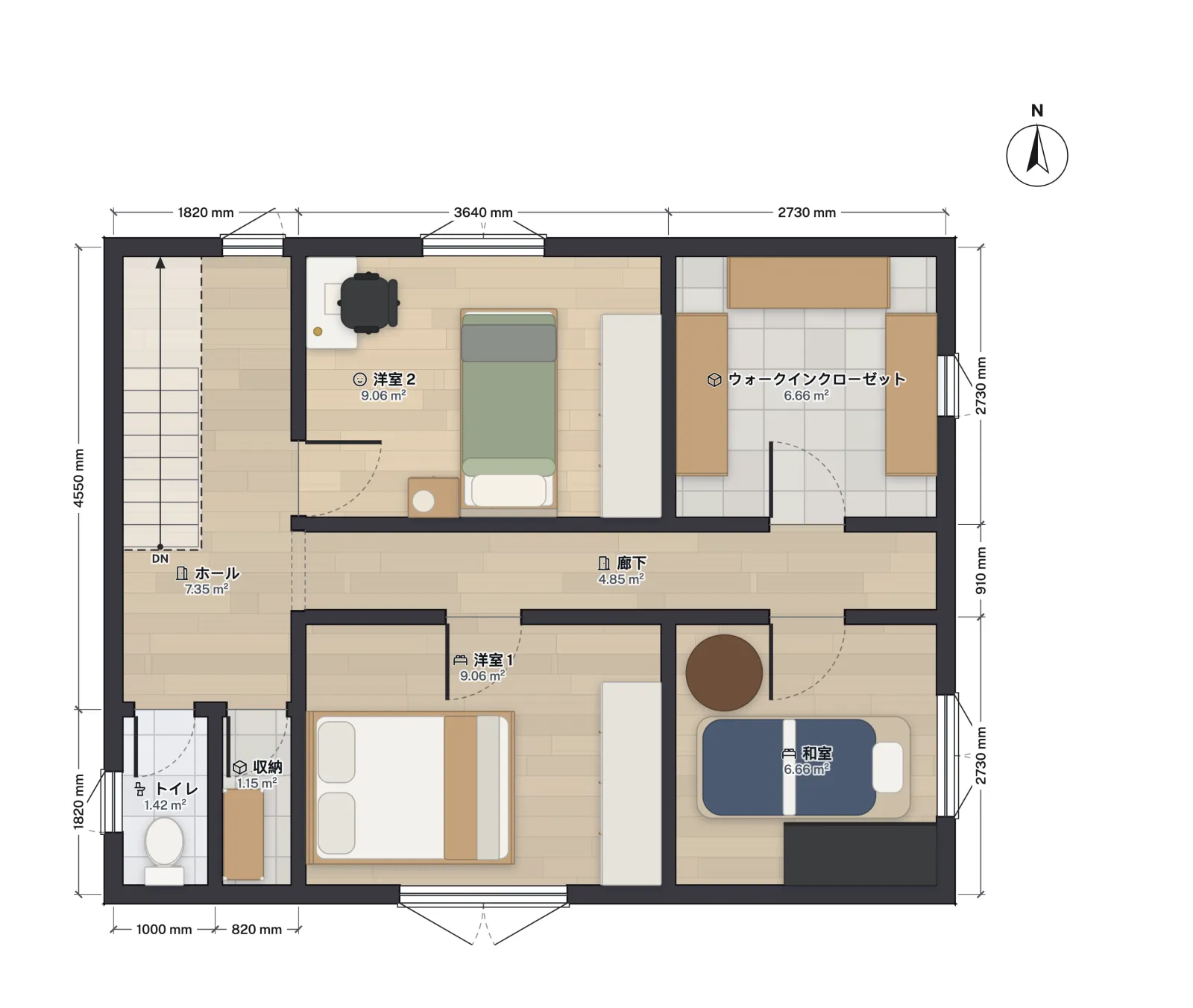 First-floor plan (2階) of the Japanese 3LDK: the stair hall on the west, a corridor, two Western-style rooms, a 4.5-mat tatami room, a walk-in closet, toilet and storage.