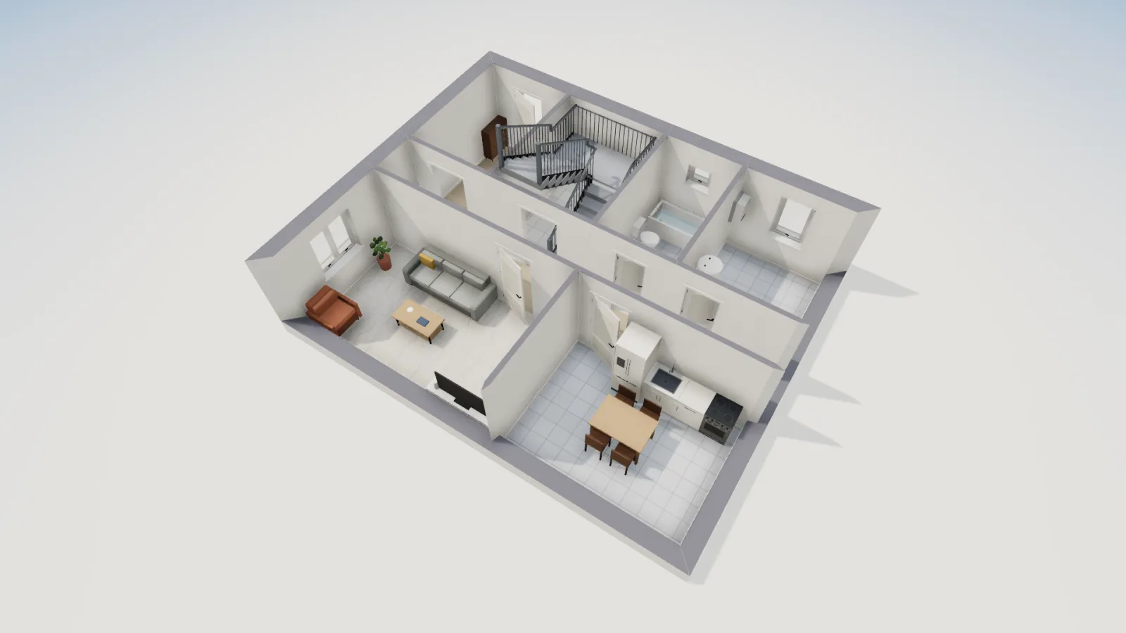 3D cutaway of the ground floor of the Russian two-storey house, with the switchback stair and its balustrade, the furnished living room, the kitchen-diner, the bathroom and the boiler room.