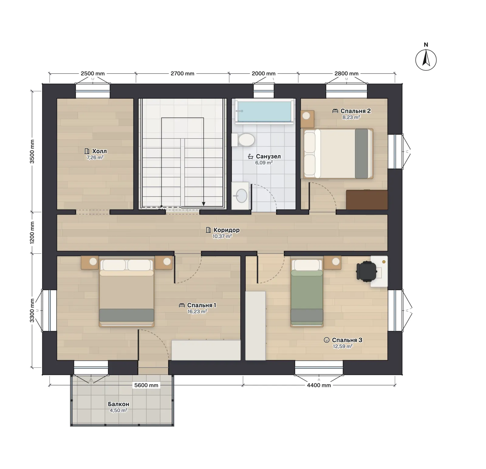 Upper floor plan of the Russian two-storey house: hall, stair, bathroom and bedroom 2 to the north, a corridor, and bedrooms 1 and 3 to the south, with a balcony of 4.50 m² off bedroom 1.