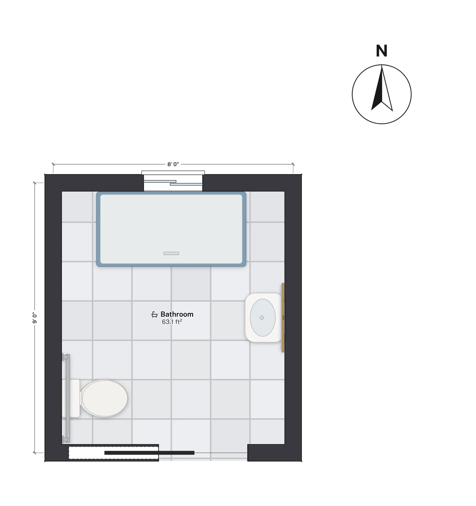 Floor plan of an 8 by 9 foot accessible bathroom: a 60 by 30 inch roll-in shower across the top wall, a toilet in the bottom-left corner, a wall-hung basin with a mirror on the right wall, a grab bar behind the toilet and a pocket door in the bottom wall.