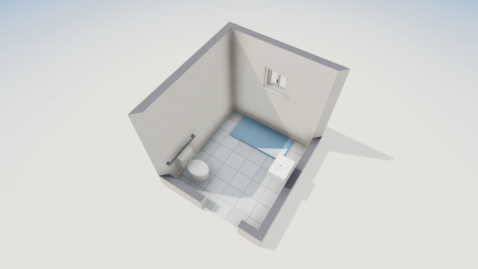 3D view of the accessible bathroom showing the roll-in shower along one wall, the toilet in the corner, the wall-hung basin and open floor space in the middle.