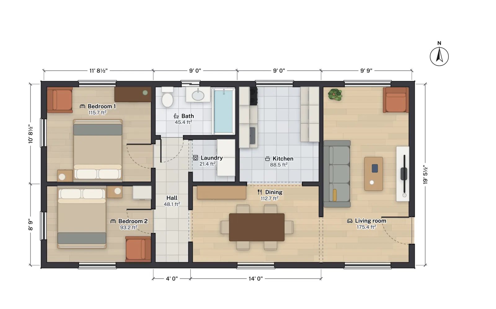 Floor plan of a 40 by 20 foot two-bedroom ADU with bedrooms at one end, bath and laundry in the middle, and an open kitchen, dining and living room at the other end.