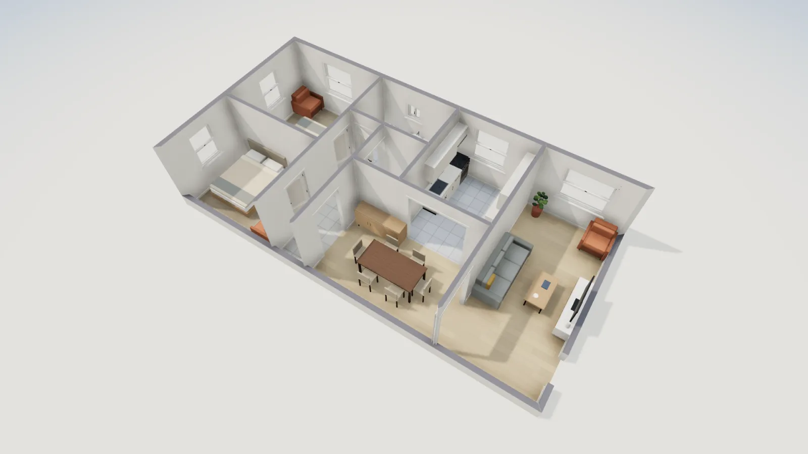 Furnished 3D view of the 800 square foot two-bedroom ADU from above, with beds in both bedrooms, a dining table and a sofa in the open living area.
