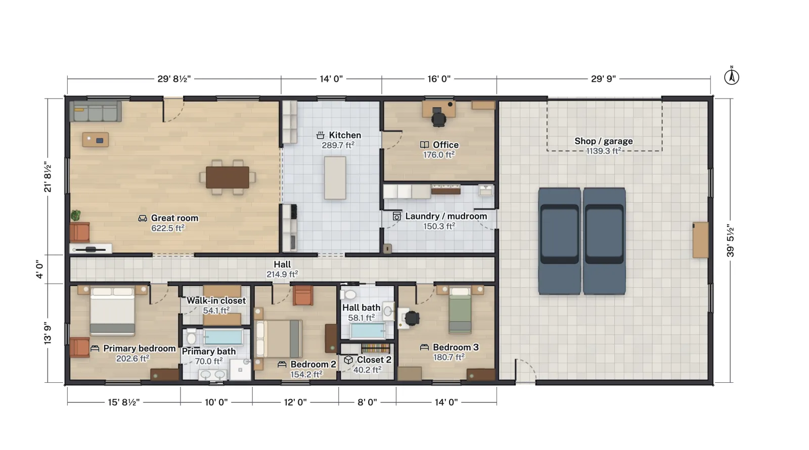 Plan of the 90 by 40 foot barndominium with the shop at one end.