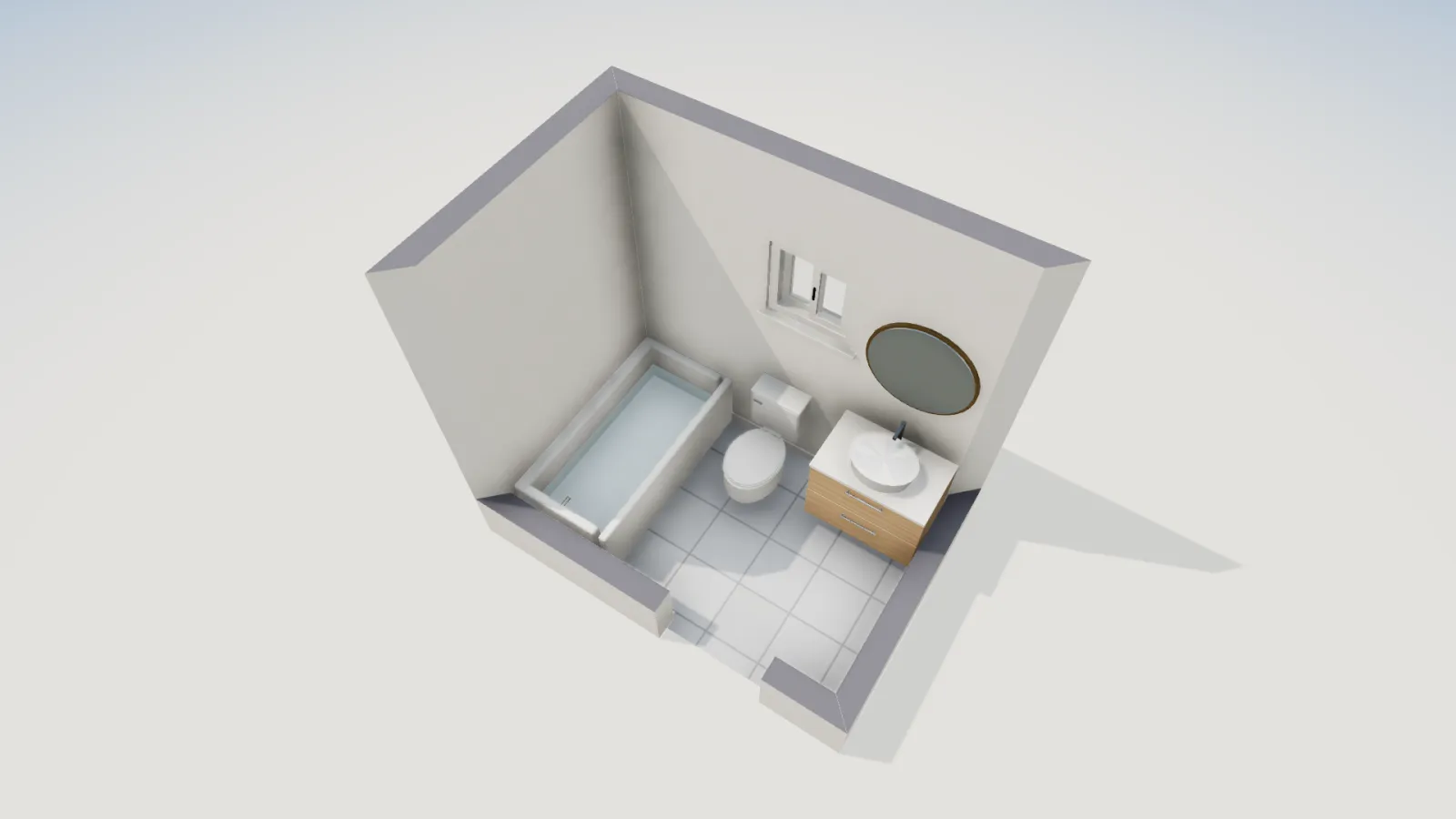 3D view of the same bathroom showing the tub, toilet, vanity and window.