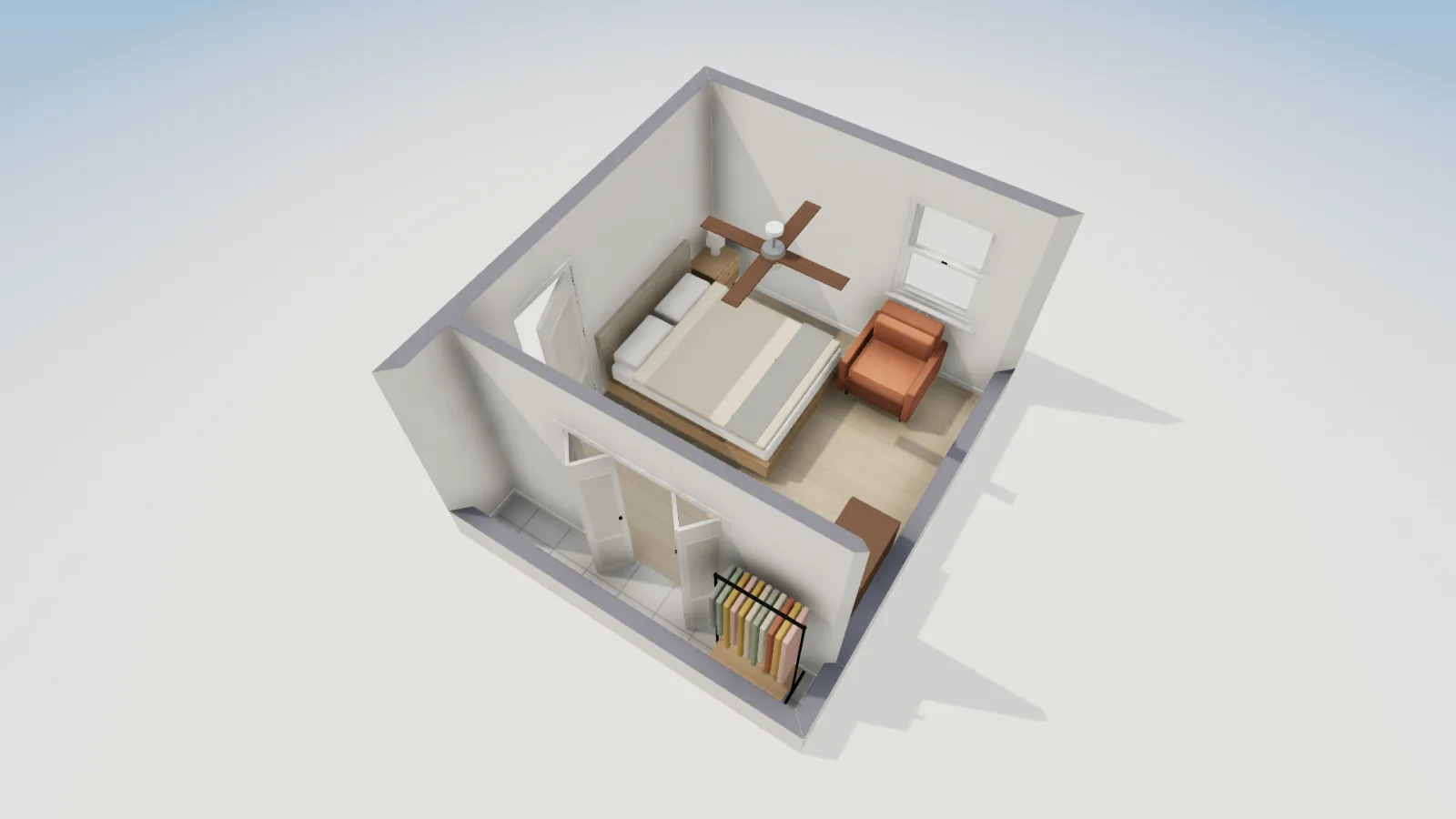 Three-dimensional view of the 12 by 12 foot bedroom from above and the south side, with a four-blade ceiling fan hanging in the middle of the room over the bed and an armchair beside it.