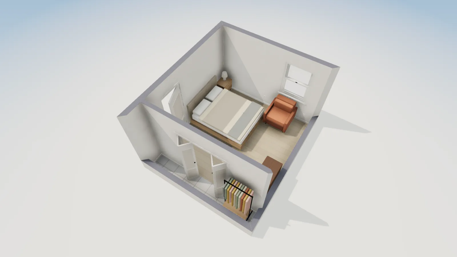 3D view from above of the 12 by 12 foot bedroom with the bed, armchair under the north window, dresser, west door and the bifold-door closet with a clothes rail; the outlets are too small to make out.