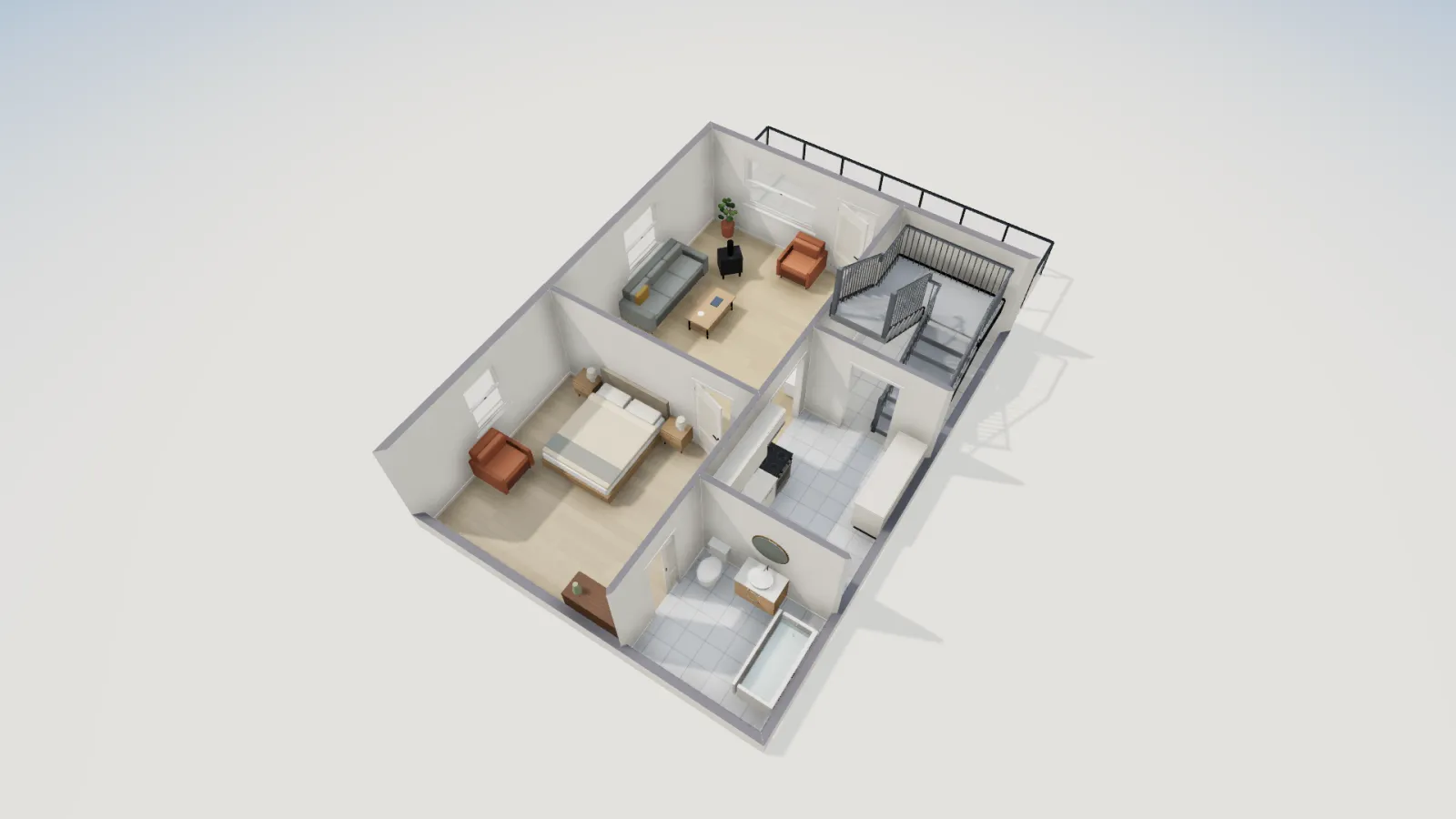 3D cutaway of the cabin main floor showing the living room with a sofa, armchair and a black wood stove in the far corner, next to the bedroom, bath, kitchen and staircase