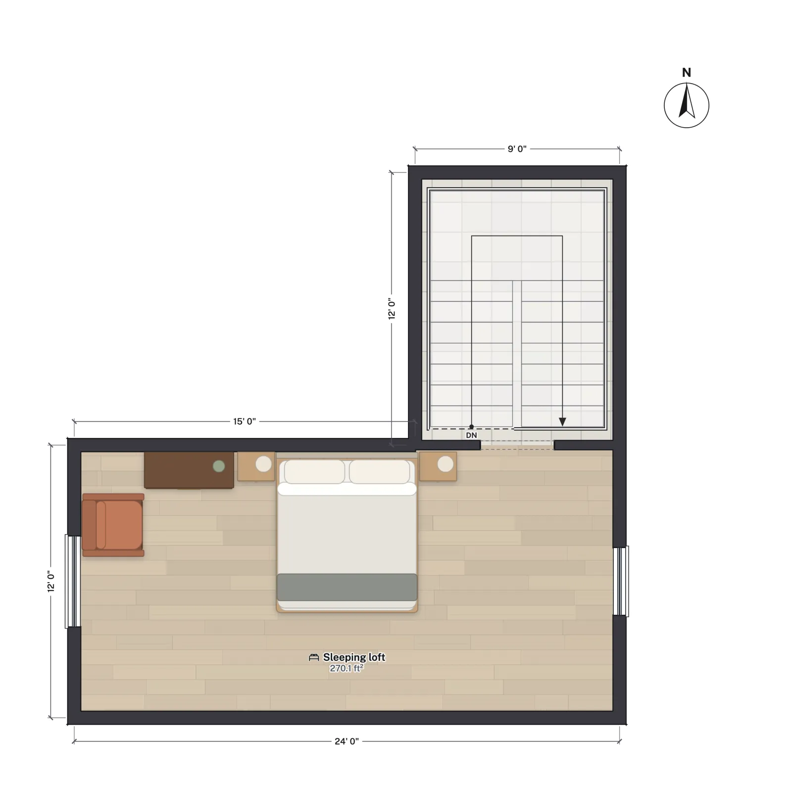 Loft-level plan of the cabin: the top of the switchback stair in its 9 by 12 foot stair room, opening into a 24 by 12 foot sleeping loft with a bed, two nightstands, a dresser and a window at each end.