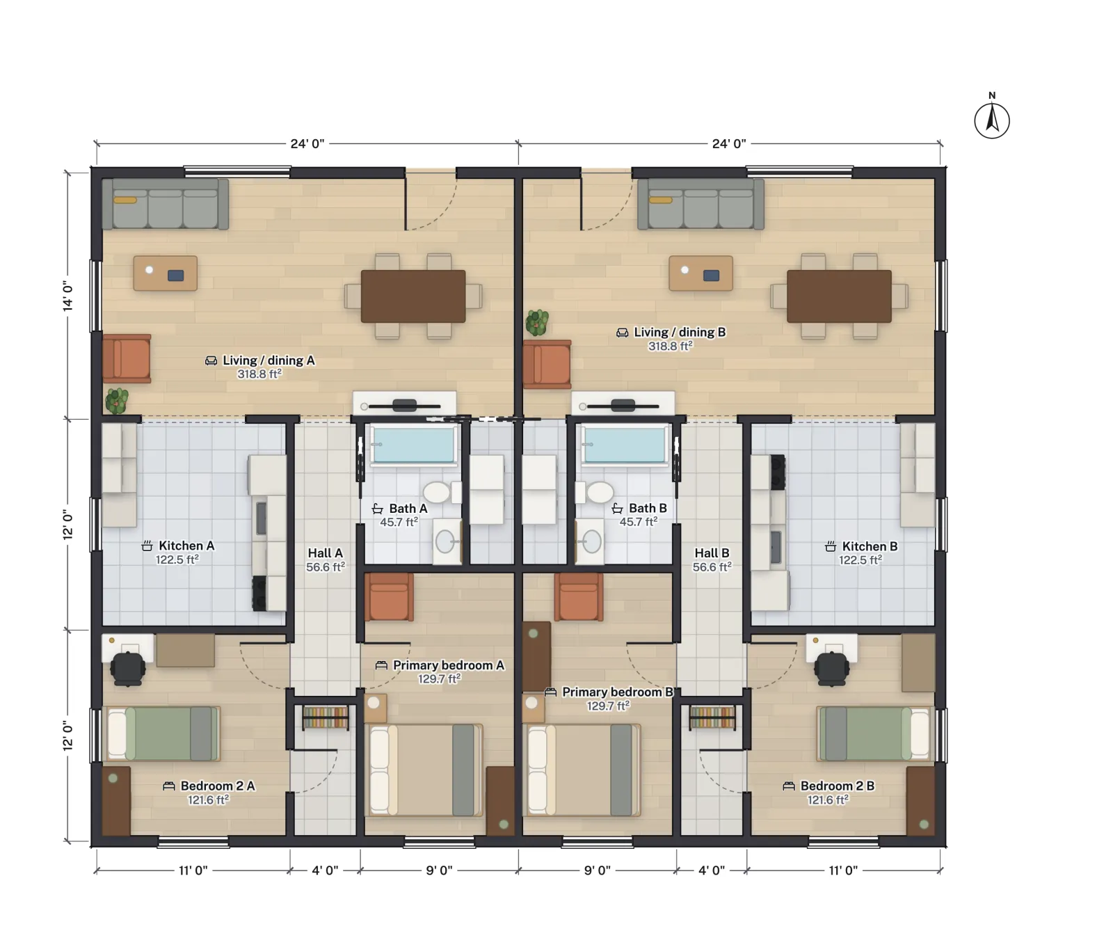 Floor plan of a side-by-side duplex, 48 by 38 feet: two mirror-image two-bedroom units on either side of a central party wall, each with a living and dining room across the front, kitchen, hall, bath, laundry closet and two bedrooms.