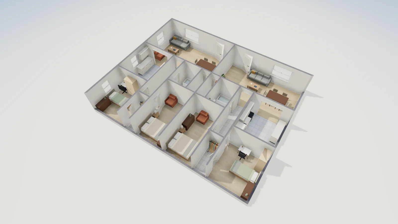 3D cutaway of the furnished duplex showing both living rooms with sofas and dining tables, the two kitchens, baths with tubs and four bedrooms.