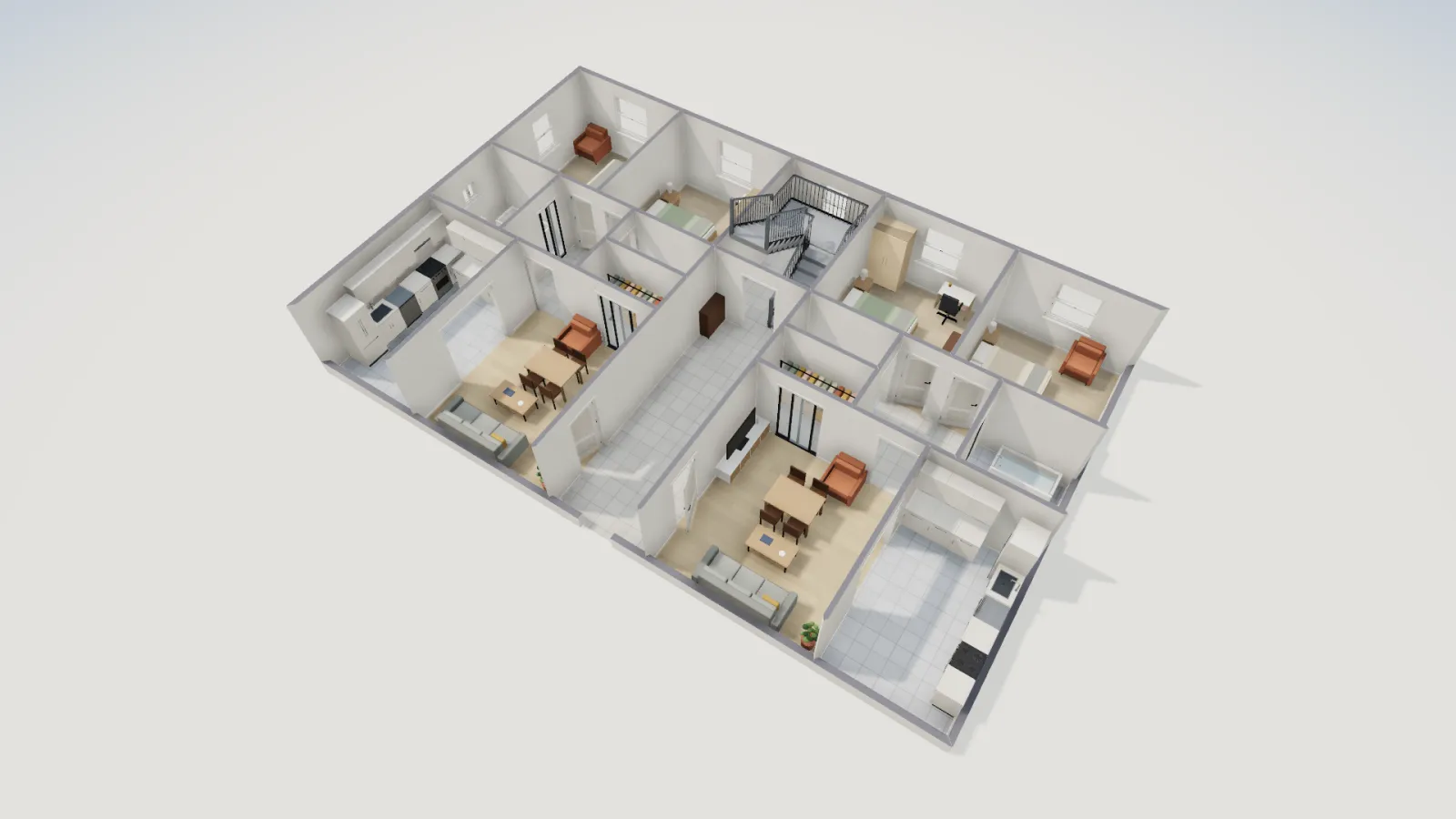 3D cutaway of the fourplex ground floor showing the two furnished units, the switchback stair with steel railings in the central hall, and the kitchens, living rooms and bedrooms either side.