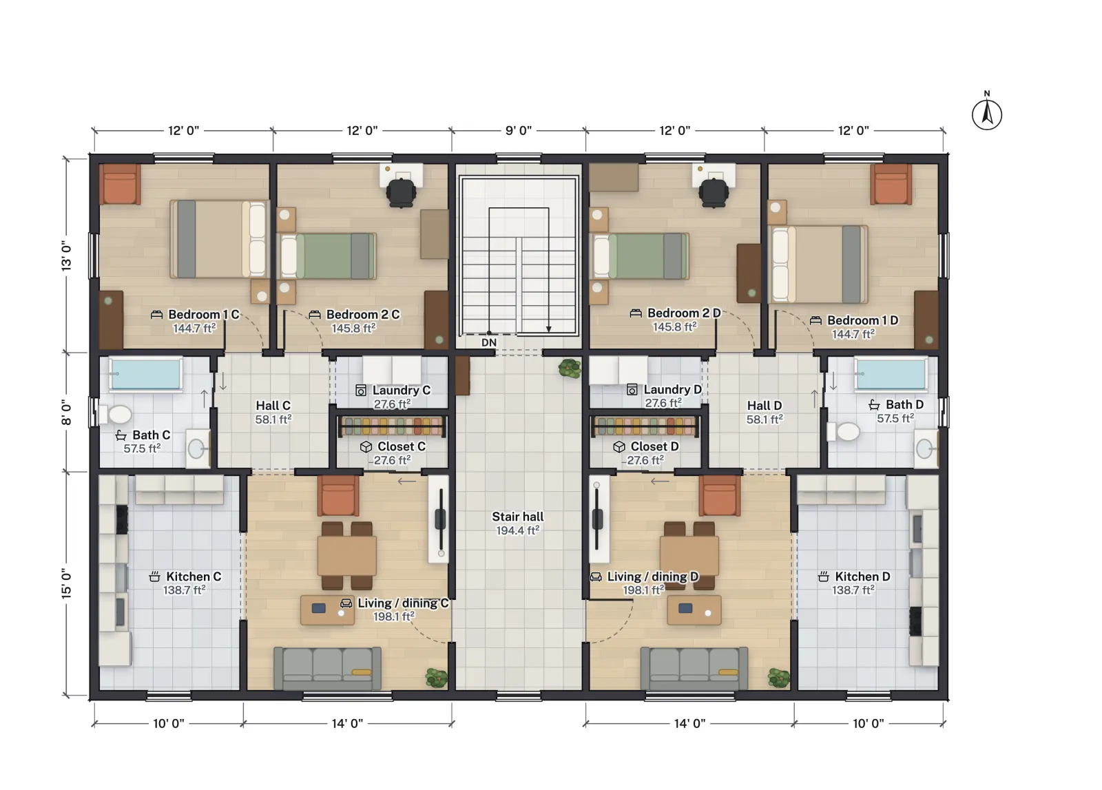Second-floor plan of the same fourplex: units C and D stacked directly over units A and B, with the stair arriving at the top of the central stair hall and a window where the ground floor has its front door.