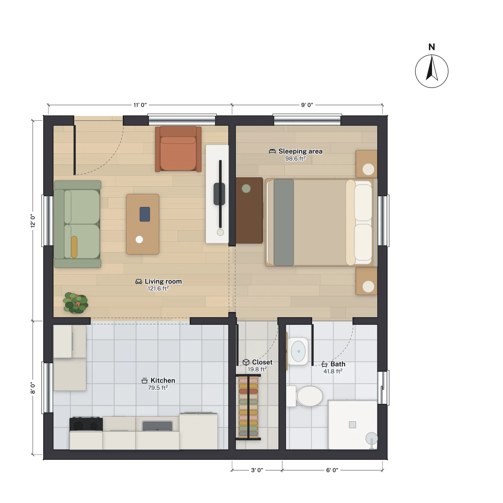 Plan of a 20 by 20 foot studio with a living area, sleeping area, kitchen and bath.