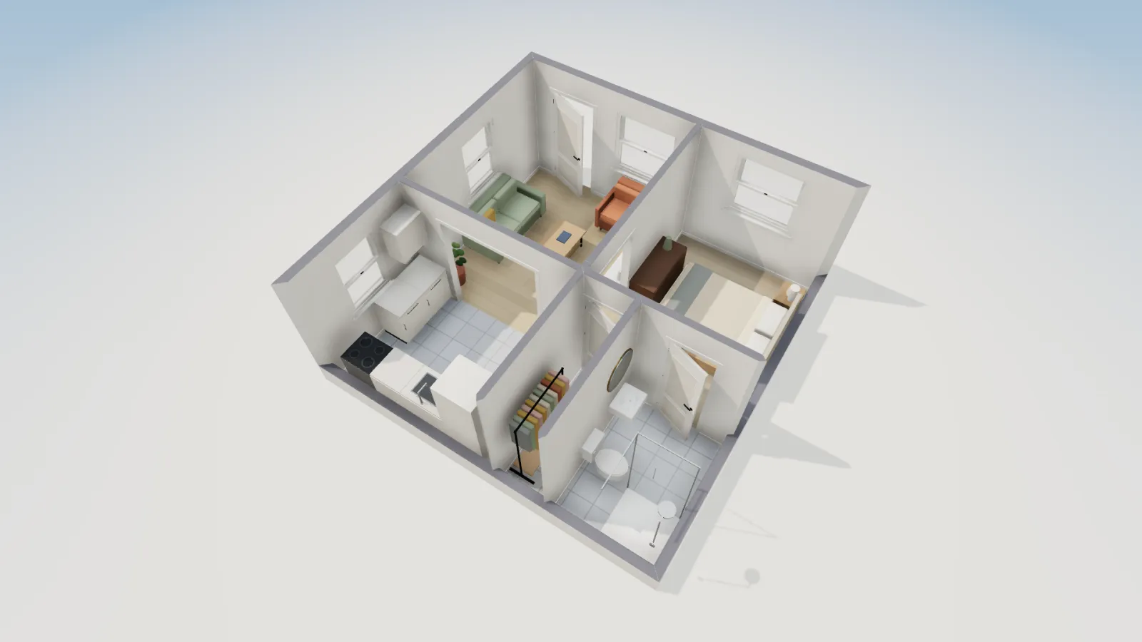 3D cutaway of the furnished garage studio with sofa, bed, kitchen run, closet and shower bath.