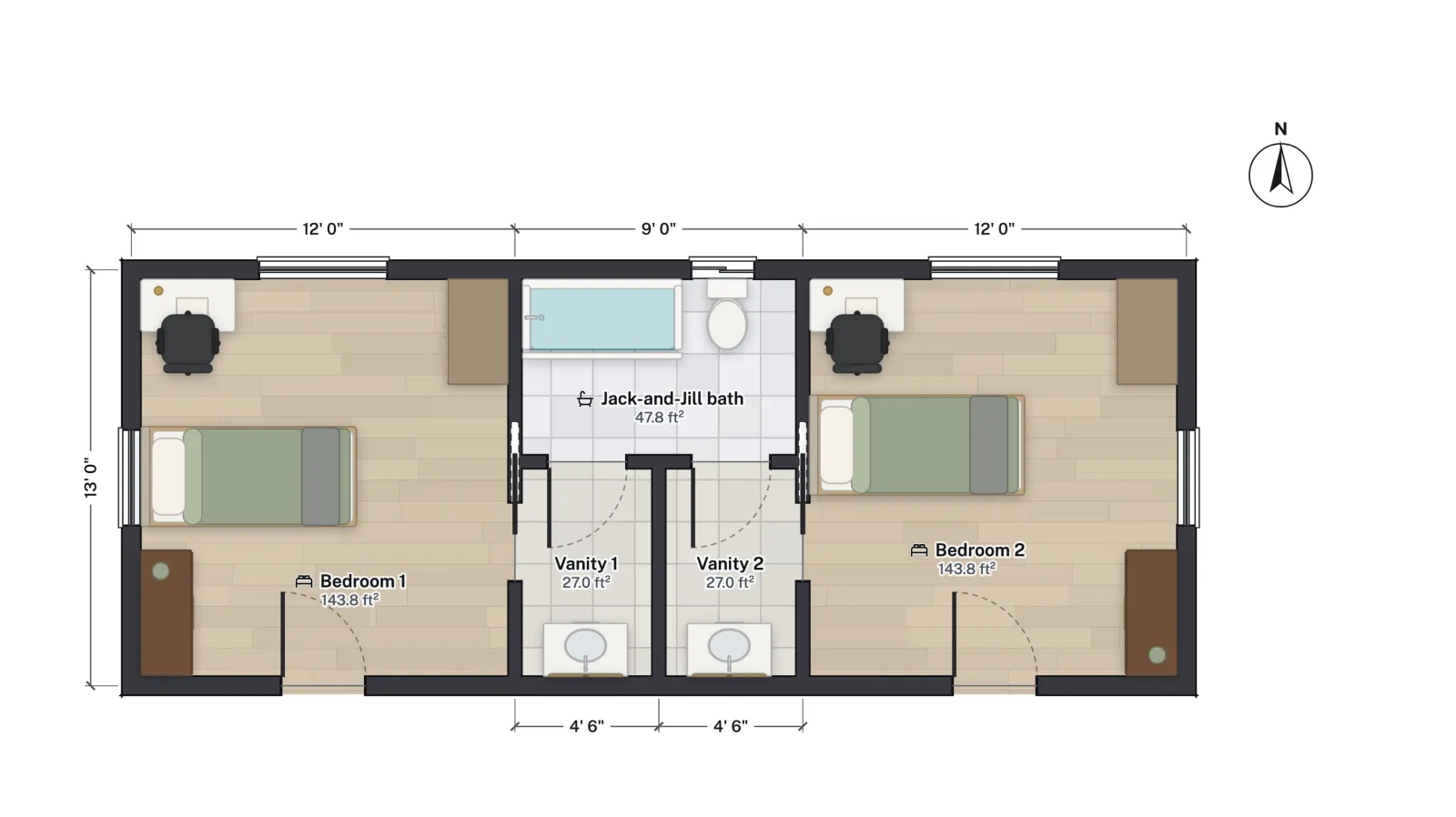 Plan of two bedrooms with a Jack and Jill bath suite between them.