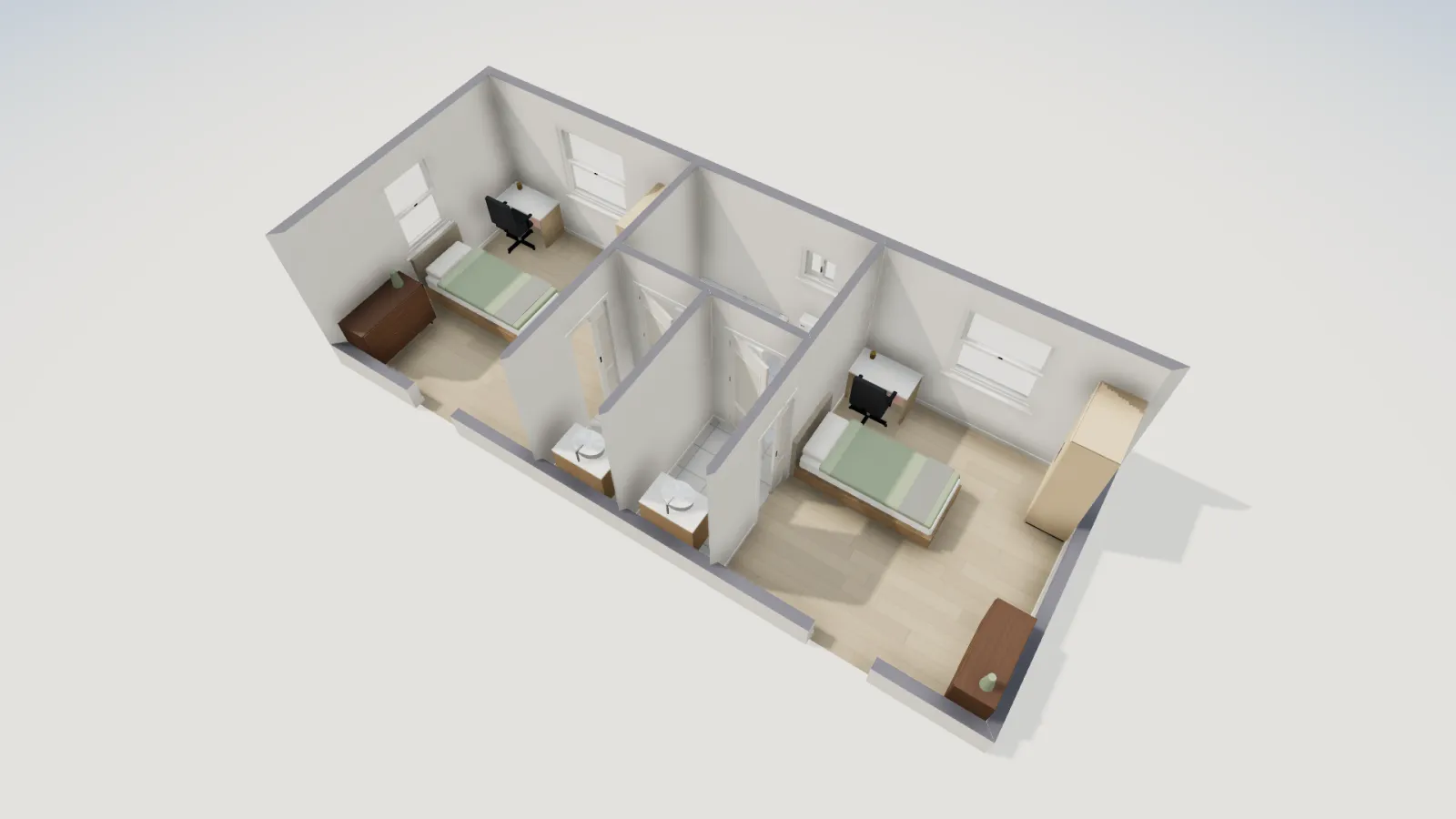 3D cutaway of the two bedrooms, each with a single bed, a desk and a dresser, and the bath suite between them with two vanity areas and the shared tub and toilet room behind.