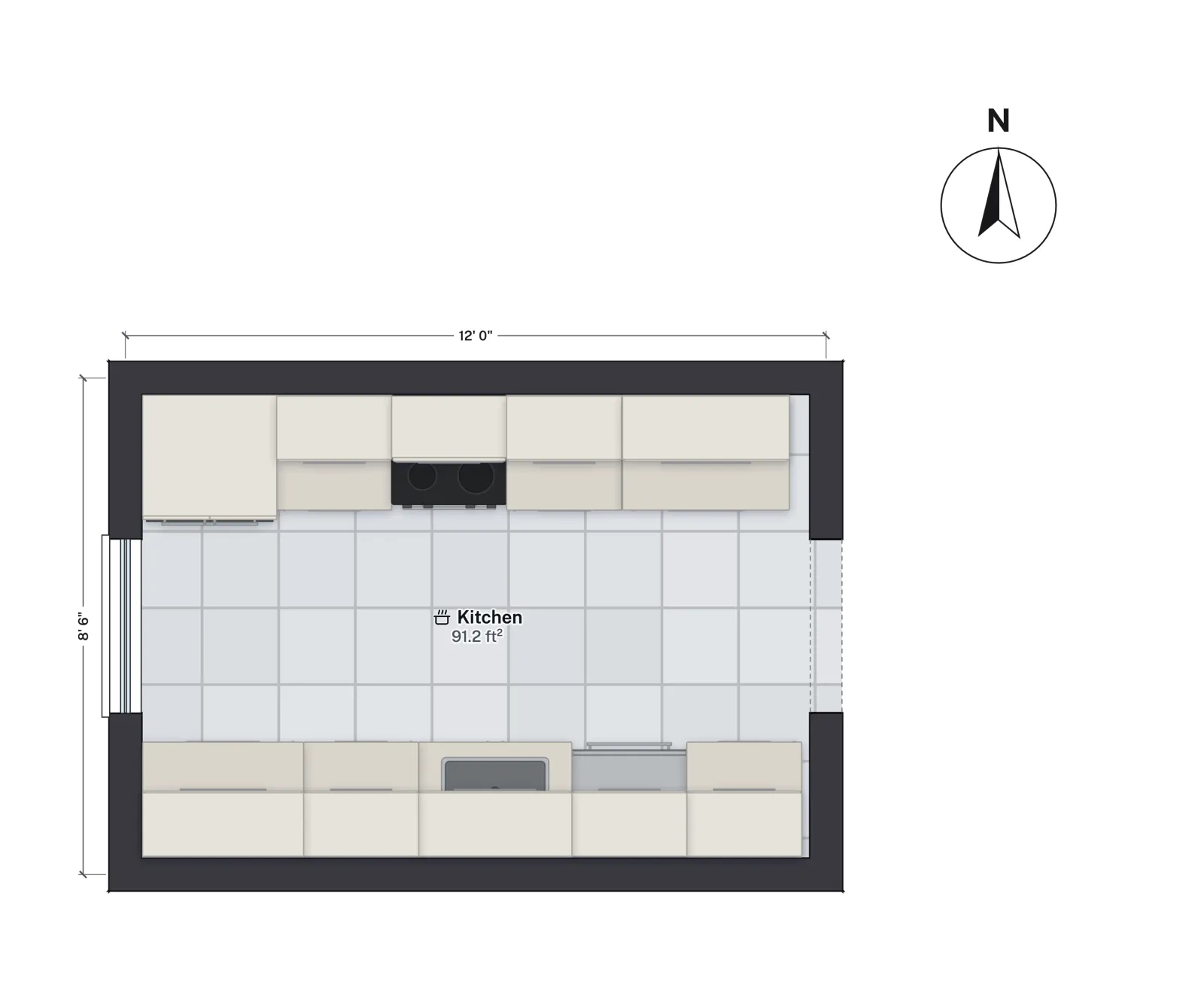 Plan of the 12 by 8 and a half foot galley kitchen with two parallel cabinet runs.