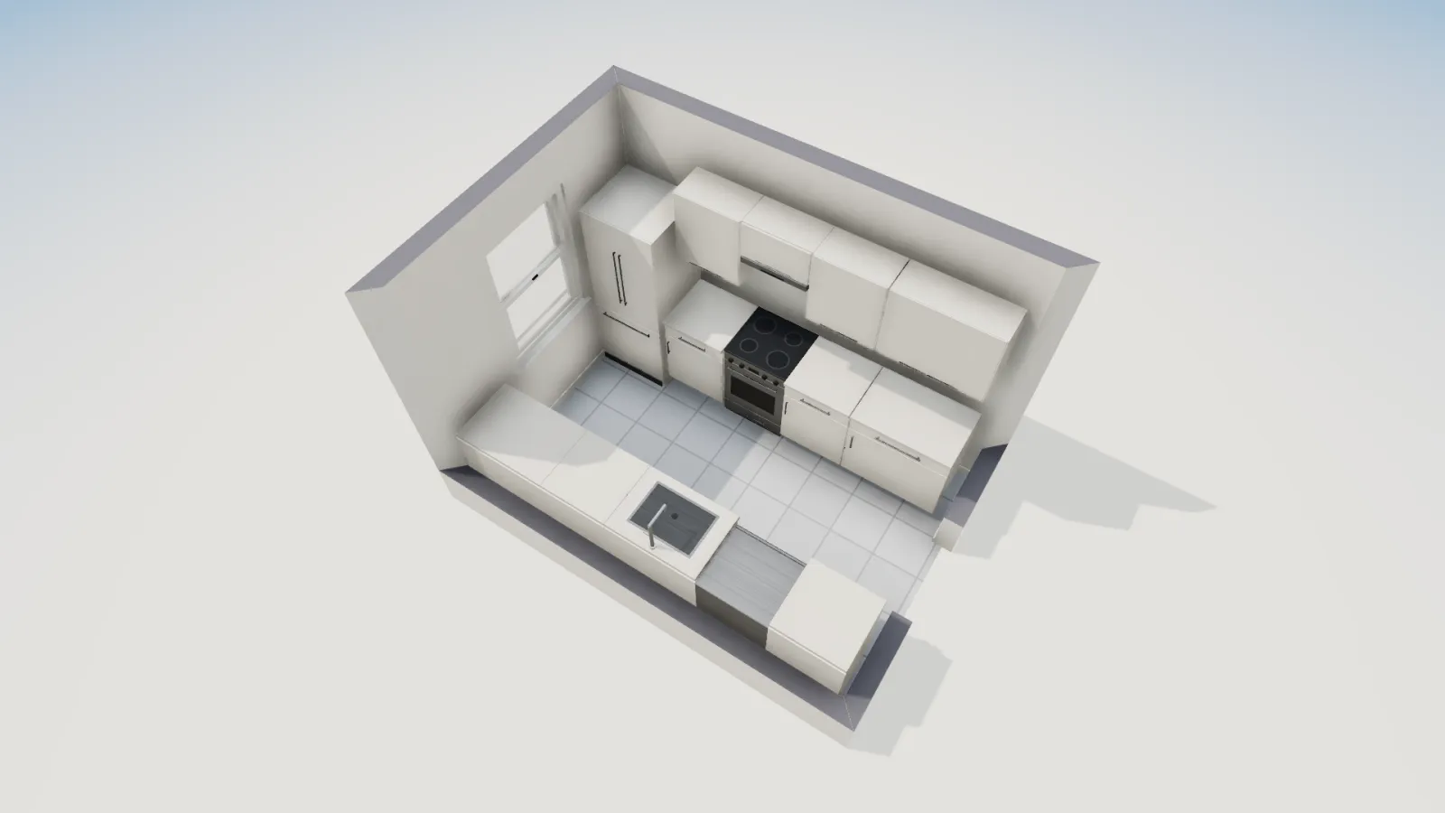 3D view of the galley kitchen showing the tall refrigerator and range on one run, the sink and dishwasher on the opposite run, and the window at the end.