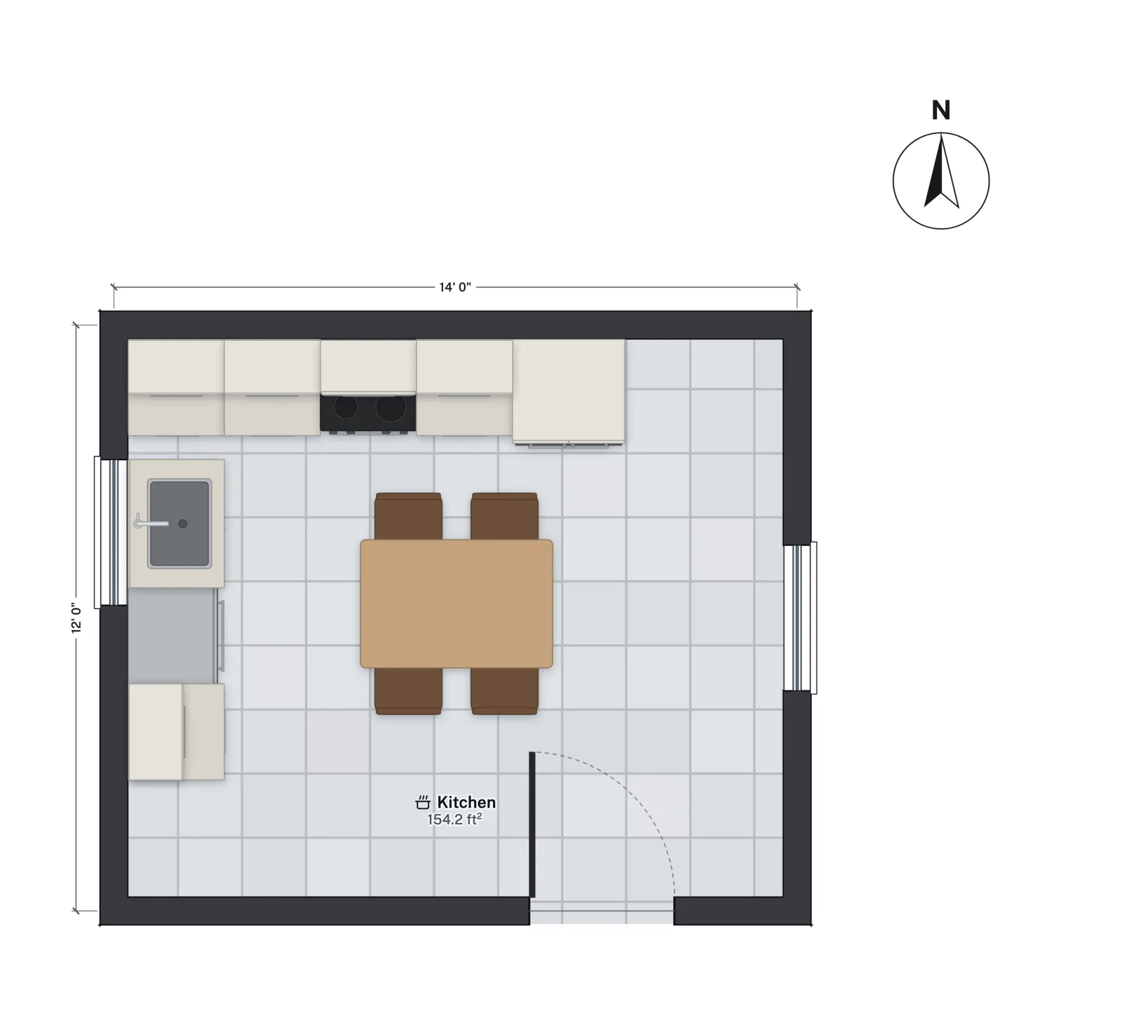 Plan of the 12 by 14 foot L-shaped kitchen with cabinets on two walls.