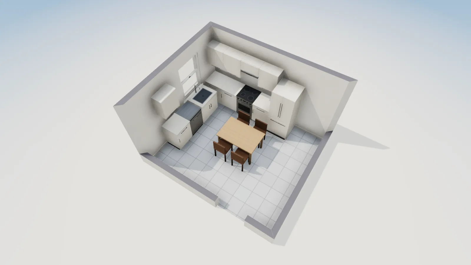 3D view of the L-shaped kitchen showing the base cabinets, range and refrigerator on the north wall and the sink run under the west window.