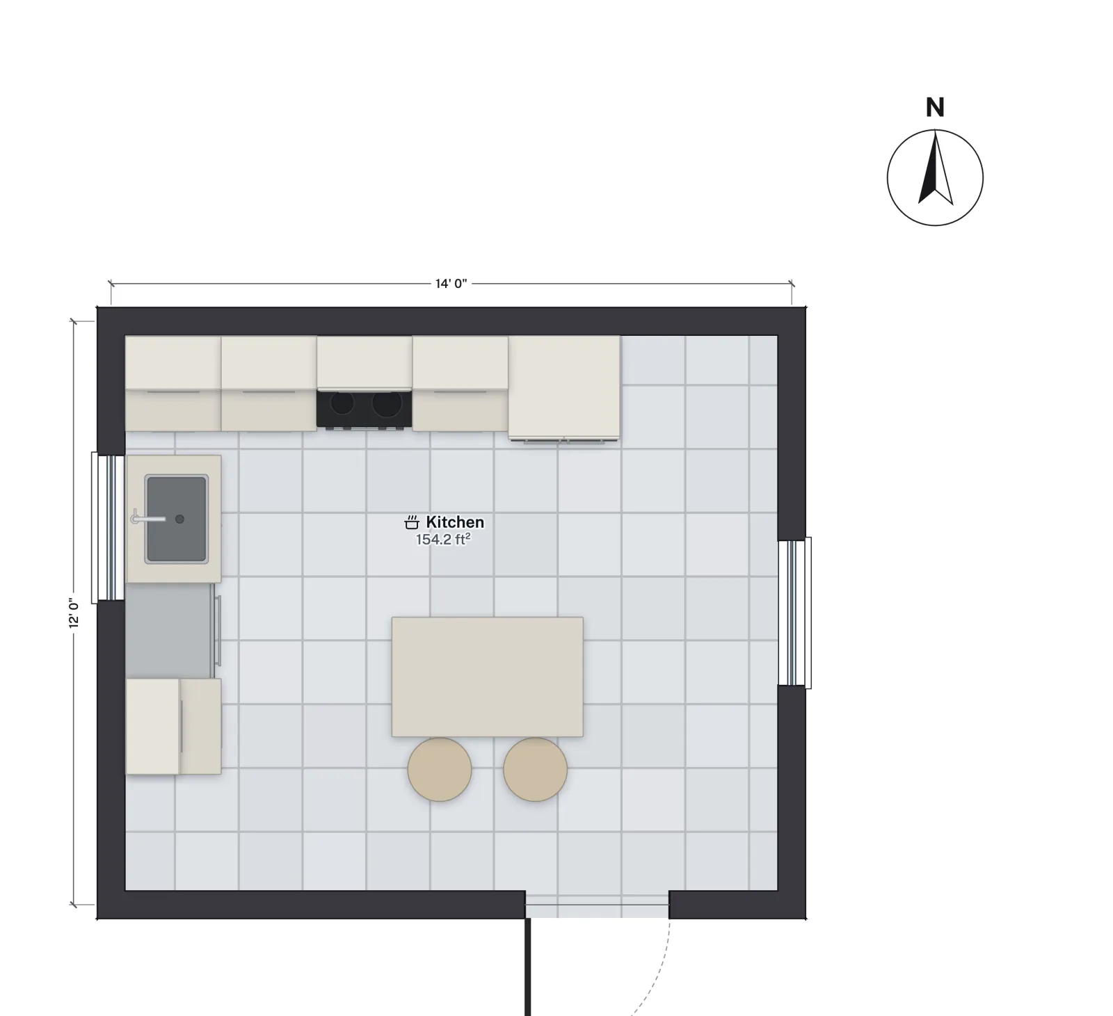 Plan of a 14 by 12 foot L-shaped kitchen with cabinets and a range on the north wall, a sink run on the west wall and a 4 by 2½ foot island with two round stools on its south side.