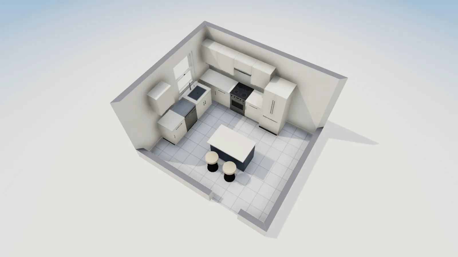 3D view of the L-shaped kitchen from above showing the cabinet runs on two walls, a rectangular island in the middle and two round stools on its south side.